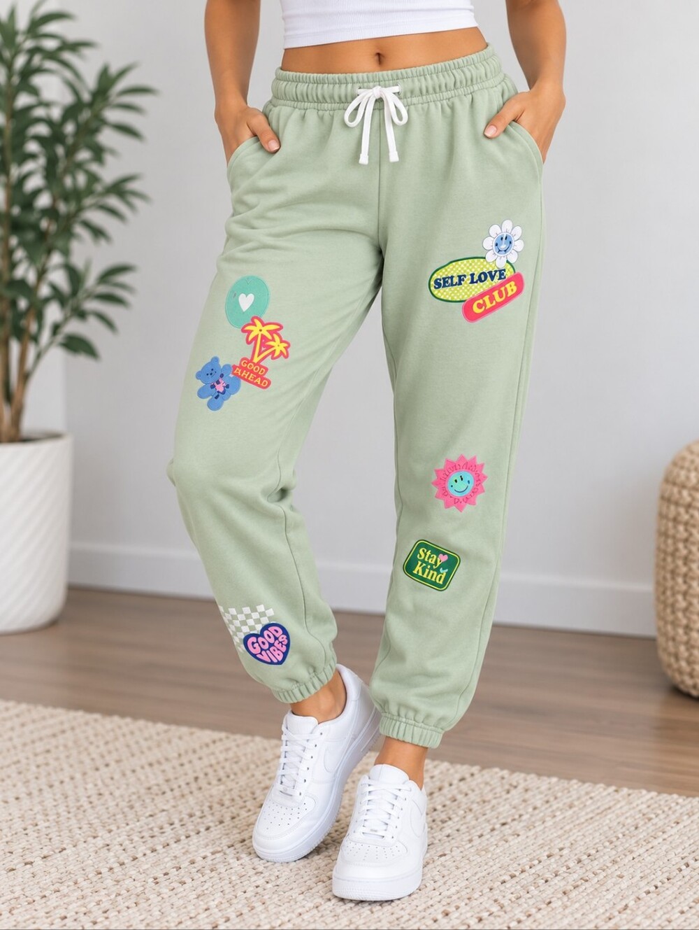 Brooklyn Cloth Mint Green Patchwork Joggers with Colorful Patches